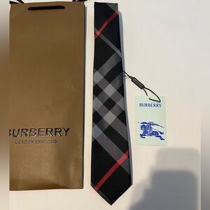 Burberry tie Black red check classic skinny manston thorton jacquard striped NEW